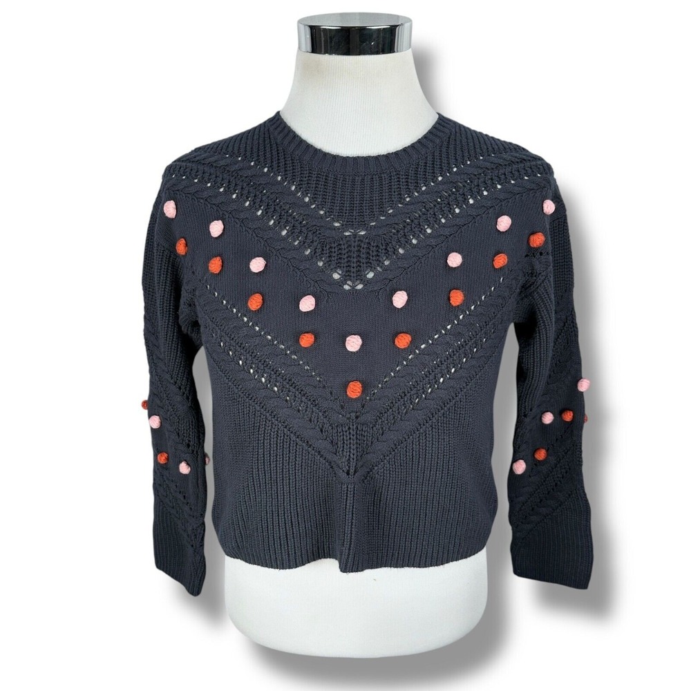 Marine Layer Rowen Pom‎ Pom Sweater Women's Medium Short Sleeve Pullover Blue